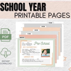 SCHOOL YEAR Printable Pages | Memory Box | Keepsake | Baby Shower Gift | File Box Cover Pages for Kids by Grade | Orange&Green