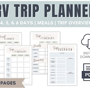 May include: A printable RV trip planner with four pages. The pages include a meal planner, itinerary, and trip overview. The planner is designed for trips lasting 3, 4, 5, or 6 days.