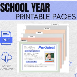 SCHOOL YEAR Printable Pages | Memory Box | Keepsake | Baby Shower Gift | File Box Cover Pages for Kids by Grade | BLUE