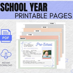 SCHOOL YEAR Printable Pages | Memory Box | Keepsake | Baby Shower Gift | File Box Cover Pages for Kids by Grade | Blue | BOW