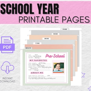 SCHOOL YEAR Printable Pages | Memory Box | Keepsake | Baby Shower Gift | File Box Cover Pages for Kids by Grade | Pink