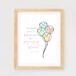 Walt Disney Quote Print, Mickey Balloon Art, Growing up is optional, mickey balloons, girly room prints, DCP, nursery decor, baby girl room