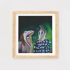 May include: A framed painting depicting two figures with exaggerated features. The figure on the left is a woman with a wide open mouth and large eyes. The figure on the right is a man wearing a mask that covers his face. The background is a dark green.