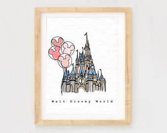 Cinderella Castle Watercolor, castle park print, Disney balloons, magical castle, WDW art, girl Room Ideas, DCP, princess room