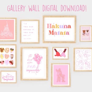 May include: A digital download of 10 printable wall art prints featuring Disney-inspired designs. The prints include images of Mickey Mouse, Minnie Mouse, Cinderella's Castle, and inspirational quotes like "Hakuna Matata" and "To infinity and beyond".