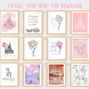 Peut inclure: Une collection d'impressions d'art encadrées avec divers motifs. Les impressions comprennent des illustrations d'un château, de ballons, de citations et d'un beignet. Le texte "CHOOSE YOUR PRINT FOR DOWNLOAD" est en haut.