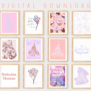 May include: A digital download set of 10 printable wall art prints featuring Disney-themed illustrations and quotes. The prints are in a variety of colors, including pink, purple, and blue. The prints feature images of Cinderella's castle, Mickey Mouse, and other Disney characters. The quotes include "If you can dream it, you can do it." and "Hakuna Matata."