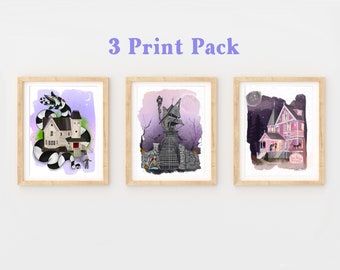 Spooky House Print Set of 3- Coraline print, pink palace apartments, beetlejuice, halloweentown jack, spooky house, haunted house, halloween