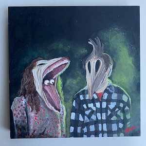 May include: A painting depicting two figures with exaggerated features. The figure on the left is a woman with long brown hair and a wide open mouth, revealing a long, pink tongue. The figure on the right is a man with a bird-like head and a plaid shirt. The background is a dark green and black.