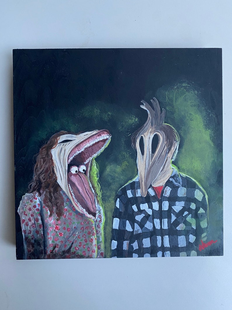 May include: A painting depicting two figures with exaggerated features. The figure on the left is a woman with long brown hair and a wide open mouth, revealing a long, pink tongue. The figure on the right is a man with a bird-like head and a plaid shirt. The background is a dark green and black.