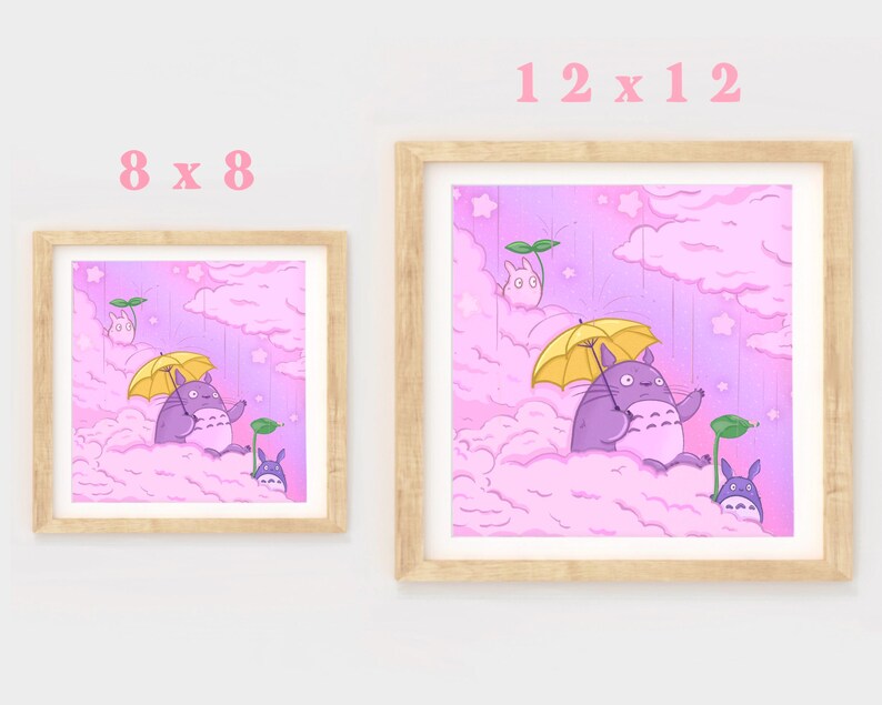 May include: Two framed prints of a cartoon character with a yellow umbrella in a pink and purple cloudy sky. The larger print is 12x12 inches and the smaller print is 8x8 inches.