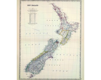 May include: A vintage-style map of New Zealand featuring the North Island and Middle Island, labeled with the text New Zealand, North Island, Middle Island, and Pacific Ocean. The map includes a grid, a scale, and detailed geographical markings.
