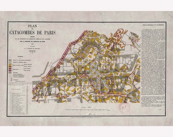 Paris Catacombs, Antique Map from 1857 Survey -  Teak Wood Magnetic Hanger Frame Optional