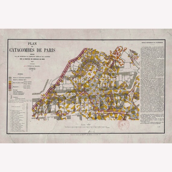 Paris Catacombs, Antique Map From 1857 Survey - Teak Wood