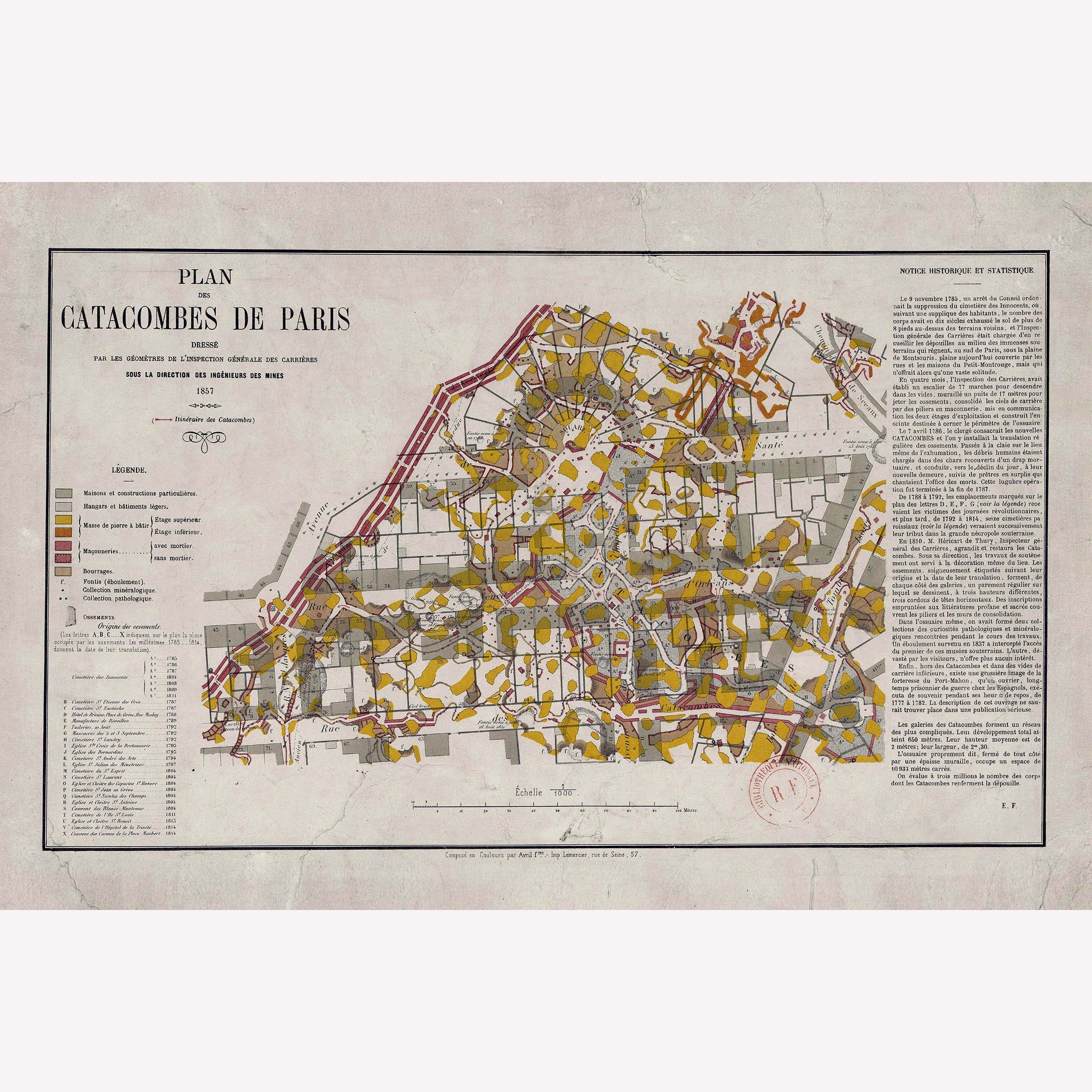 Paris Catacombs, Antique Map From 1857 Survey - Teak Wood