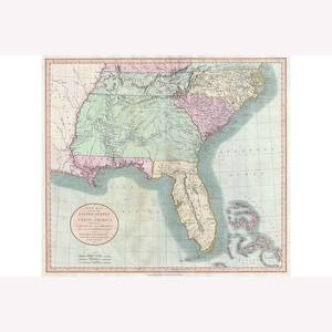 Florida, Georgia, North Carolina, South Carolina and Tennessee; 1806 Cary Map -  Teak Wood Magnetic Hanger Frame Optional