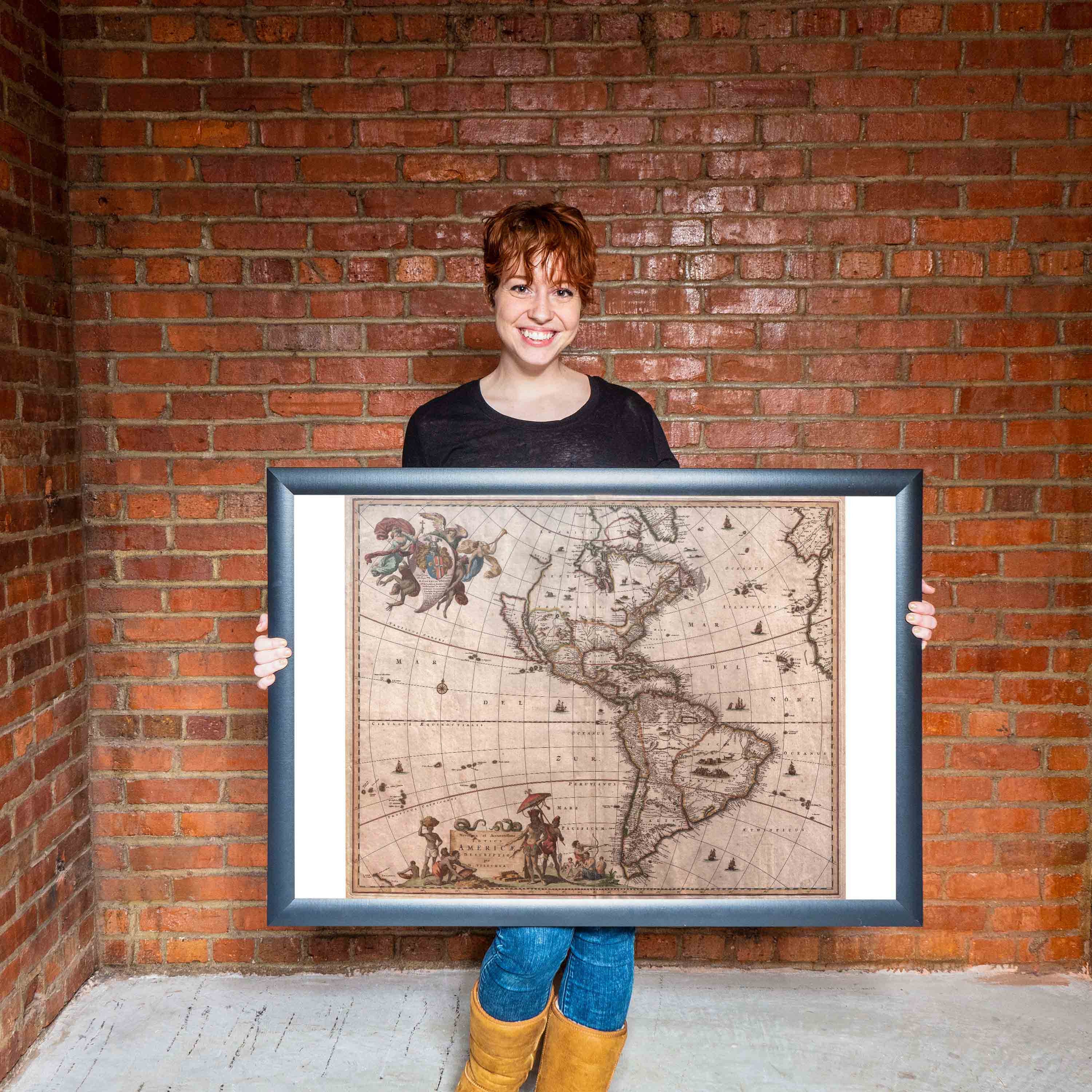 North America & South America Antique Map by Visscher 1658 - Teak Wood ...