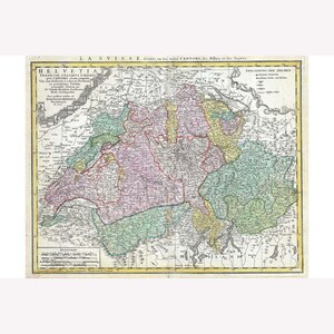 May include: An antique map of Switzerland, titled "La Suisse, divisée en les treize Cantons, les Allies et les Sujets." The map is printed in black and white with hand-colored details. The map shows the cantons of Switzerland, as well as the surrounding countries. The map is dated 1750.