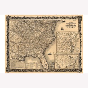 May include: A vintage map of the United States during the Civil War, showing the military and political divisions of the Middle and Southern States. The map is titled "Tracers Statistical Military Map of the Middle Southern States, New York, 1864."