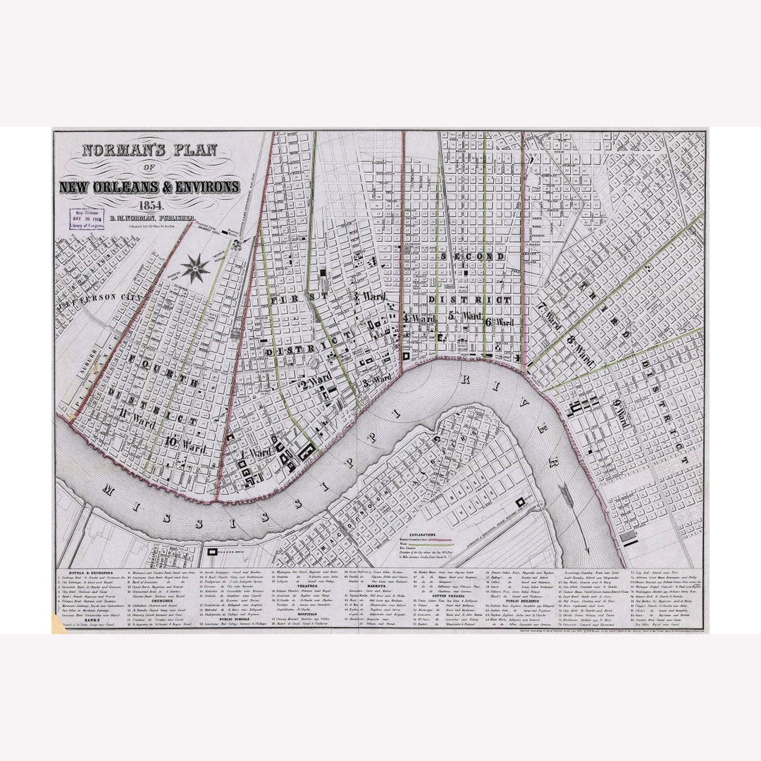 Map of New Orleans; Antique Map by Norman's, 1854 - Teak Wood Magnetic ...