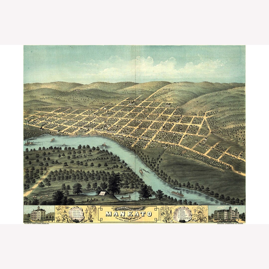 Map of Mankato, Minnesota 1870 Antique Birdseye Map Custom Printed Teak Wood Hanger