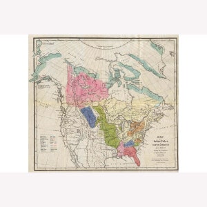 First Nation & American Indian Tribes About 1600; Antique Map -  Teak Wood Magnetic Hanger Frame Optional