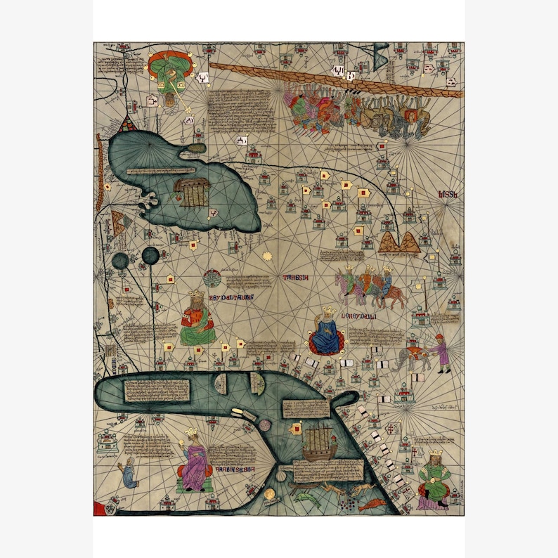 Cresques Catalan Atlas World Map 1387 Antique Map Plate 2 of 3 Teak Wood Magnetic Hanger Frame Optional image 1