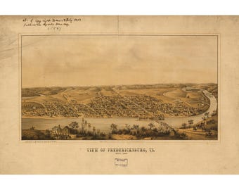 Bird's Eye View Drawing of Fredericksburg, Virginia in 1862 Civil War Era