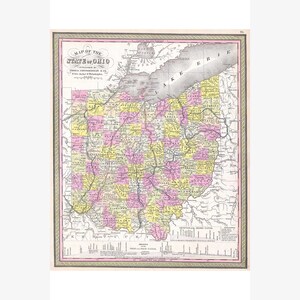 Ohio; Lovely First Quality 1850 Mitchell Map Reproduction - Teak Wood Magnetic Hanger Frame Optional