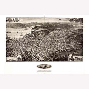 Peekskill, New York Antique Birdseye Map; 1911 -  Teak Wood Magnetic Hanger Frame Optional
