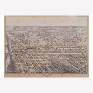 Map of Dallas, Texas, 1872; Antique Map; Bird&#39;s Eye or Pictorial Map -  Teak Wood Magnetic Hanger Frame Optional