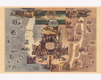 A Tale of Two Cities, Dickens, Antique Novelty Map; 1957 -  Teak Wood Magnetic Hanger Frame Optional