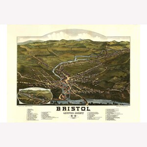 Bristol, New Hampshire, Grafton County, Antique Birdseye Map; 1884 -  Teak Wood Magnetic Hanger Frame Optional