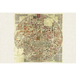 May include: A circular medieval world map featuring intricate illustrations of cities, landscapes, and mythical creatures. The map is rendered in muted tones of beige, red, and brown, with detailed calligraphic text surrounding the central circular design.