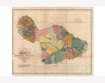 Island of Maui, Hawaii; Antique Map by Alexander 1885 -  Teak Wood Magnetic Hanger Frame Optional
