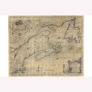 Map of New England & Nova Scotia, Newfoundland, Cape Breton; Antique Map -  Teak Wood Magnetic Hanger Frame Optional