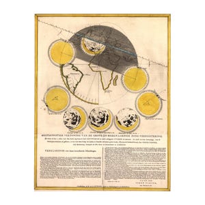 May include: An antique 18th-century astronomical print depicting a solar eclipse with a central map of Africa and America, surrounded by yellow sun diagrams and moon phases, featuring Dutch text titled MEET-KONSTIGE VERTONING VAN DE GROTE EN MERKWAARDIGE ZONS-VERDUISTERING.