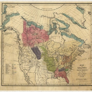 Indian Tribes of North America from 1600-1800; Antique Map, ca.1850 -  Teak Wood Magnetic Hanger Frame Optional