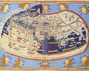 World Map According to Ptolemy; Antique Map; Historical Cartography -  Teak Wood Magnetic Hanger Frame Optional