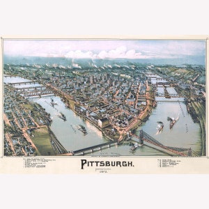 Map of Pittsburgh,1902 by Fowler; Antique Birdseye Map; Custom Printed to Order -  Teak Wood Magnetic Hanger Frame Optional