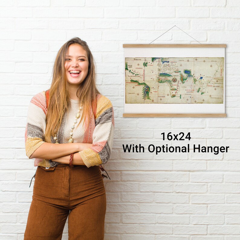 May include: A 16x24 inch vintage map print with a wooden frame and optional hanger. The map is a detailed depiction of the world with colorful accents.