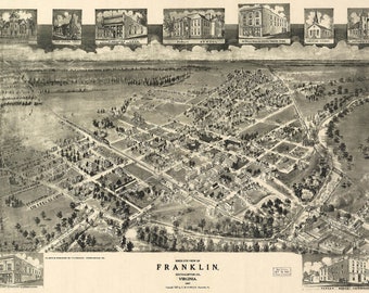 Franklin, Southampton County, Virginia; Antique Birdseye Map; 1907 -  Teak Wood Magnetic Hanger Frame Optional