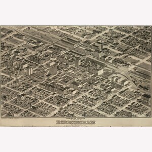 Birmingham AL; Antique Map, Pictorial, Perspective or Birdseye Map, 1903 -  Teak Wood Magnetic Hanger Frame Optional