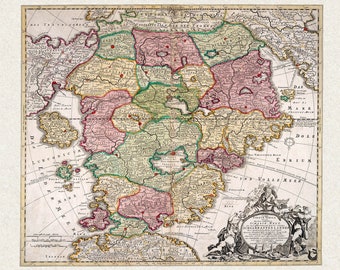 Utopía (Schlarraffenlandes); Mapa antiguo de Homann, 1694 - Marco de suspensión magnético de madera de teca opcional