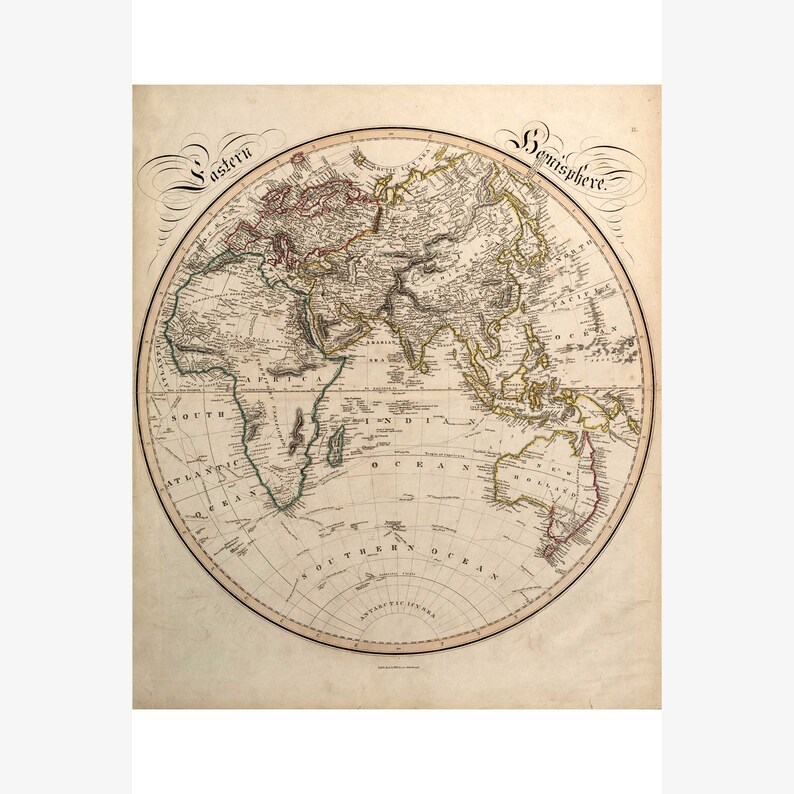 Eastern Hemisphere Lovely Antique Vintage Cartography by Daniel Lizars, 1842 Teak Wood Magnetic Hanger Frame Optional image 1