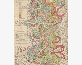 Mississippi River Meander Belt, Geological Map by Harold Fisk, 1944- 7 of 15 - Teak Wood Magnetic Hanger Frame Optional