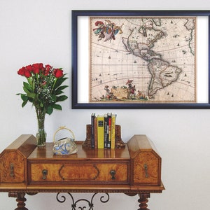 North America & South America Antique Map by Visscher 1658 - Teak Wood ...