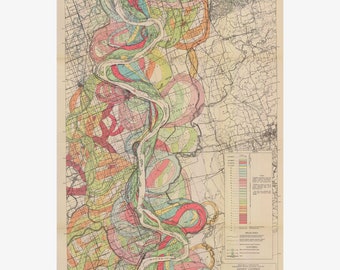 Mississippi River Meander Belt, Geological Map by Harold Fisk, 1944- 3 of 15 - Teak Wood Magnetic Hanger Frame Optional