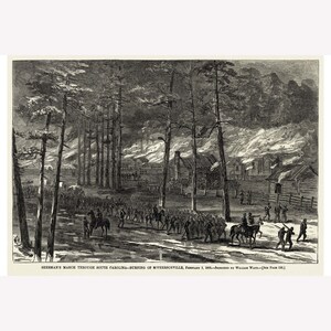 Burning of McPhersonville by Wm Waud; Civil War; Harper&#39;s Weekly,1865 -  Teak Wood Magnetic Hanger Frame Optional