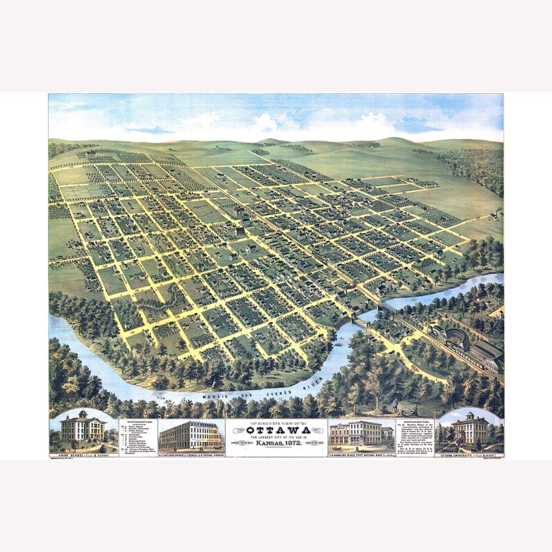 Map of Ottawa Kansas 1872 Antique Birdseye Map Custom Etsy